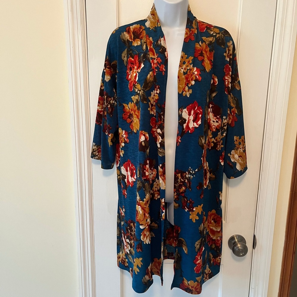 NorthStyle Floral Open Front Duster Cardigan Womens Large Teal Blue Cottage